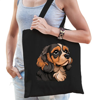 Bellatio Decorations Cadeau tas voor hondenliefhebbers - zwart - Cavalier Kingcharles Spaniel - cartoon - katoen - 42 x 3