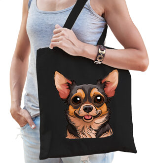 Bellatio Decorations Cadeau tas voor hondenliefhebbers - zwart - Chihuha - cartoon - katoen - 42 x 38 cm