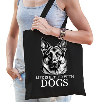 Bellatio Decorations Cadeau tas voor hondenliefhebbers - zwart - Duitse Herder hond - katoen - 42 x 38 cm