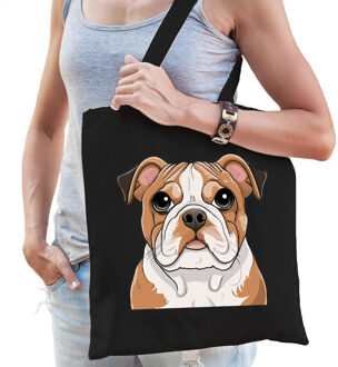 Bellatio Decorations Cadeau tas voor hondenliefhebbers - zwart - Engelse Bulldog - cartoon - katoen - 42 x 38 cm