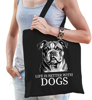 Bellatio Decorations Cadeau tas voor hondenliefhebbers - zwart - Engelse Bulldog hond - katoen - 42 x 38 cm