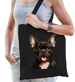 Bellatio Decorations Cadeau tas voor hondenliefhebbers - zwart - Franse Bulldog - cartoon - katoen - 42 x 38 cm