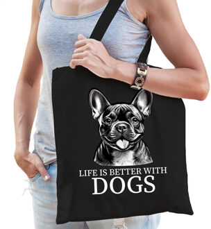 Bellatio Decorations Cadeau tas voor hondenliefhebbers - zwart - Franse Bulldog hond - katoen - 42 x 38 cm