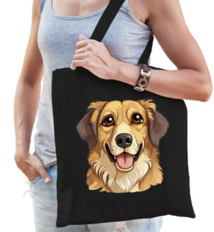 Bellatio Decorations Cadeau tas voor hondenliefhebbers - zwart - Golden Retriever hond - cartoon - katoen - 42 x 38 cm