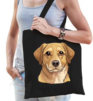 Bellatio Decorations Cadeau tas voor hondenliefhebbers - zwart - Labrador Retriever hond - cartoon - katoen - 42 x 38 cm
