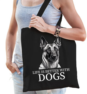 Bellatio Decorations Cadeau tas voor hondenliefhebbers - zwart - Mechelse Herder hond - katoen - 42 x 38 cm