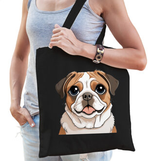 Bellatio Decorations Cadeau tas voor hondenliefhebbers - zwart - Mopshondje - cartoon - katoen - 42 x 38 cm