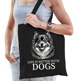 Bellatio Decorations Cadeau tas voor hondenliefhebbers - zwart - Pomeriaan hond - katoen - 42 x 38 cm