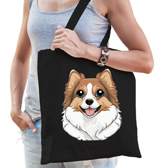 Bellatio Decorations Cadeau tas voor hondenliefhebbers - zwart - Pommeriaan - cartoon - katoen - 42 x 38 cm