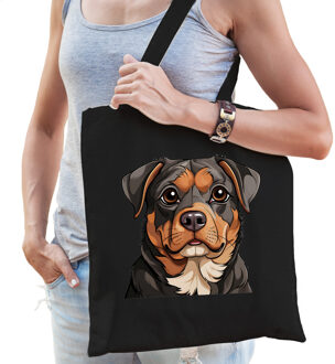 Bellatio Decorations Cadeau tas voor hondenliefhebbers - zwart - Rotweiler - cartoon - katoen - 42 x 38 cm