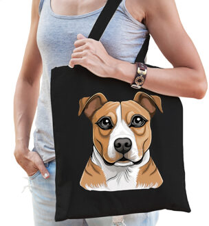 Bellatio Decorations Cadeau tas voor hondenliefhebbers - zwart - Staffordshire terrier - cartoon - katoen - 42 x 38 cm