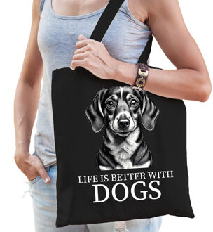 Bellatio Decorations Cadeau tas voor hondenliefhebbers - zwart - Teckel hond - katoen - 42 x 38 cm