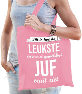 Bellatio Decorations cadeau tas voor juf - leukste juf - roze - katoen - 42 x 38 cm - juffendag - Feest Boodschappentass