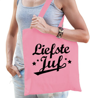 Bellatio Decorations Cadeau tas voor juf - liefste juf - roze - katoen - 42 x 38 cm - juffendag - Feest Boodschappentass