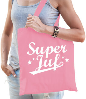 Bellatio Decorations Cadeau tas voor juf - super juf - roze - katoen - 42 x 38 cm - juffendag