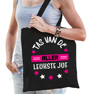 Bellatio Decorations Cadeau tas voor juf - zwart/fuchsia roze - katoen - 42 x 38 cm - Tas van de aller leukste juf