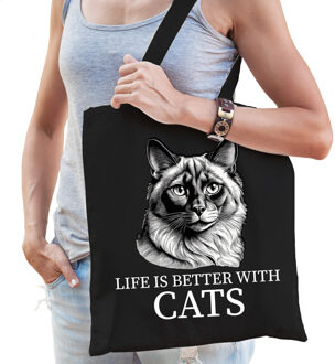 Bellatio Decorations Cadeau tas voor kattenliefhebbers - zwart - Balinees kat/poes - katoen - 42 x 38 cm