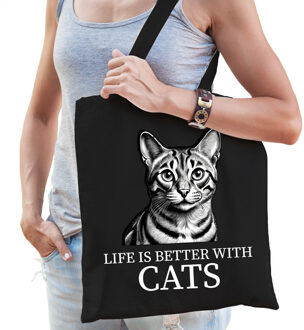 Bellatio Decorations Cadeau tas voor kattenliefhebbers - zwart - Bengaal kat/poes - katoen - 42 x 38 cm