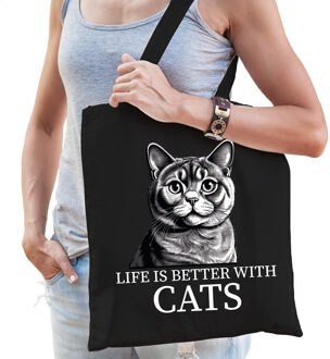Bellatio Decorations Cadeau tas voor kattenliefhebbers - zwart - Britse Korthaar kat/poes - katoen - 42 x 38 cm