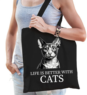Bellatio Decorations Cadeau tas voor kattenliefhebbers - zwart - Cornish Rex kat/poes - katoen - 42 x 38 cm