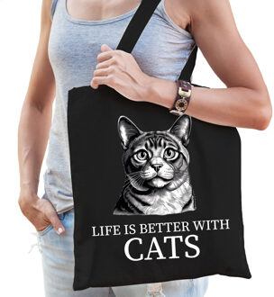 Bellatio Decorations Cadeau tas voor kattenliefhebbers - zwart - Munchkin kat/poes - katoen - 42 x 38 cm