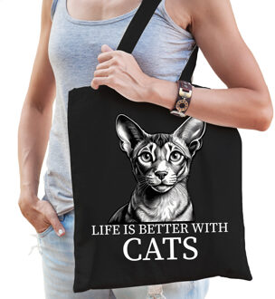 Bellatio Decorations Cadeau tas voor kattenliefhebbers - zwart - Oosterse Korthaar kat/poes - katoen - 42 x 38 cm