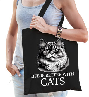 Bellatio Decorations Cadeau tas voor kattenliefhebbers - zwart - Perzische Kat kat/poes - katoen - 42 x 38 cm