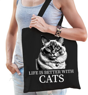 Bellatio Decorations Cadeau tas voor kattenliefhebbers - zwart - Ragdoll kat/poes - katoen - 42 x 38 cm