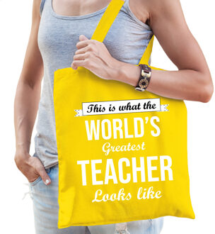 Bellatio Decorations Cadeau tas voor leraar - geel - katoen - 42 x 38 cm - juffen en meesterdag