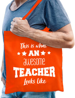 Bellatio Decorations Cadeau tas voor meester - katoen - 42 x 38 cm - oranje - This is what an awesome teacher looks like