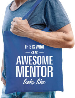 Bellatio Decorations Cadeau tas voor mentor - blauw - katoen - 42 x 38 cm - juffen/meesterdag