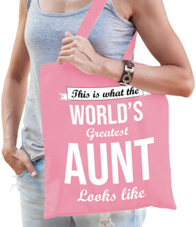 Bellatio Decorations cadeau tas voor tante - roze - katoen - 42 x 38 cm - world's greatest aunt - Feest Boodschappentass