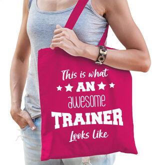 Bellatio Decorations cadeau tas voor trainer - katoen - 42 x 38 cm - fuchsia roze -geweldige trainer - Feest Boodschappe