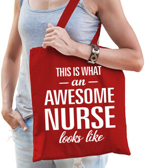 Bellatio Decorations cadeau tas voor verpleegkundige - rood - katoen - 42 x 38 cm - awesome nurse - Feest Boodschappenta