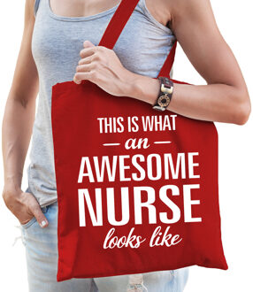 Bellatio Decorations Cadeau tas voor verpleegkundige - rood - katoen - 42 x 38 cm - awesome nurse