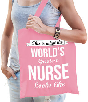 Bellatio Decorations cadeau tas voor verpleegkundigeA - katoen - 42 x 38 cm - world's greatest nurse - Feest Boodschappe Roze