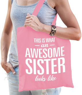 Bellatio Decorations Cadeau tas voor zus - awesome sister - roze - katoen - 42 x 38 cm