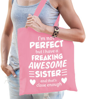 Bellatio Decorations Cadeau tas voor zus - roze - katoen - 42 x 38 cm - awesome sister
