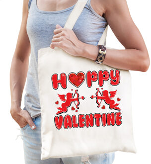 Bellatio Decorations Cadeau tasje valentijn - Happy Valentine - naturel wit - katoen - 42 x 38 cm