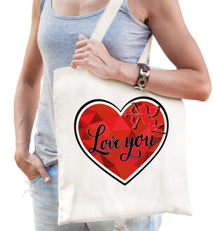 Bellatio Decorations Cadeau tasje valentijn - Love you - naturel wit katoen