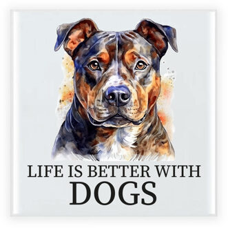 Bellatio Decorations Cadeau tegel hondenliefhebber - Staffordshire-bullterrier hond - keramiek - waterverf - 15 x 15 cm Multi