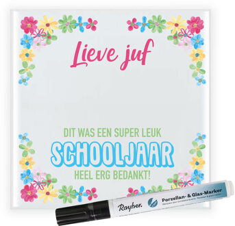 Bellatio Decorations Cadeau tegel voor juf - lieve juf - invul tegel - bloemetjes - keramiek - 15 cm