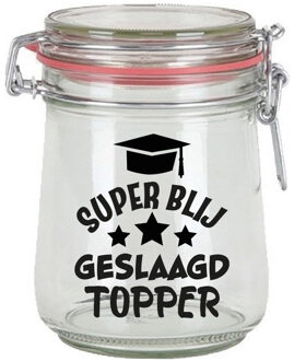 Bellatio Decorations Cadeau voorraadpot - geslaagd - glas - 10 x 7,5 cm - 720 ml - afgestudeerd cadeau - snoeppot