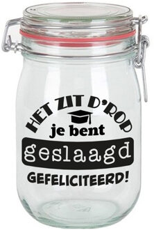 Bellatio Decorations Cadeau voorraadpot - geslaagd - glas - 11 x 11 cm - 1 liter - afgestudeerd cadeau - snoeppot