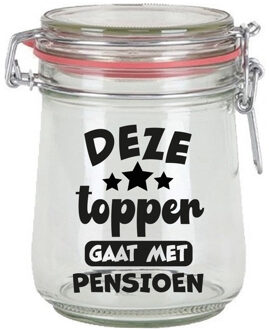 Bellatio Decorations Cadeau voorraadpot - pensioen - glas - 10 x 7,5 cm - 720 ml - VUT cadeau - snoeppot - collega