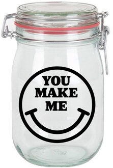 Bellatio Decorations Cadeau voorraadpot/snoeppot - glas - you make me smile - 11 x 11 cm - 1 liter Transparant