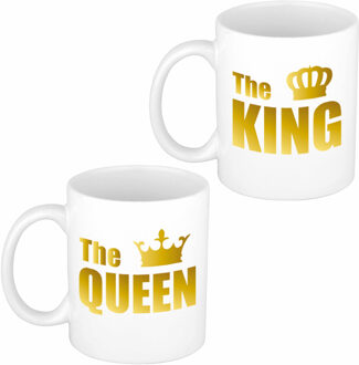 Bellatio Decorations Cadeauset van gouden King en Queen mokken/bekers 300 ML - feest mokken Wit