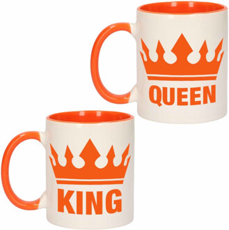 Bellatio Decorations Cadeauset van oranje King en Queen mokken/bekers 300 ML Wit