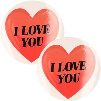 Bellatio Decorations Cadeausticker - 2x - rond - I Love You hart - 9 cm - transparant - sticker Rood