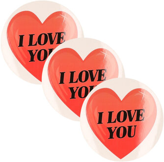 Bellatio Decorations Cadeausticker - 4x - rond - I Love You hart - 9 cm - transparant - sticker Rood